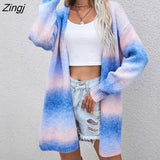 vintage cardigans winter new women's sweater 2022 new pockets rainbow tie-dye mid-length cardigan knitted sweater