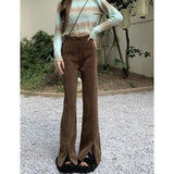 Winter Purple Corduroy Chic Front Split Flare Pants Full Length High Waist Elegant Women Trousers Korean Streetwear