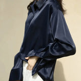 Fashion Button Up Satin Silk Shirt Vintage Blouse Women Spring White Lady Long Sleeves Female Loose Streetwear