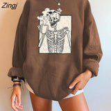 Tea Skull Skeleton Funny Women Sweatshirts Pullovers Long Sleeve Y2K Sweatshirts Tops Clothes Winter Moletom