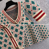 Women Autumn Winter Vintage Plaid Knitted Sweater Dresses 2023 V Neck Striped Patchwork Knitwear Mini Short
