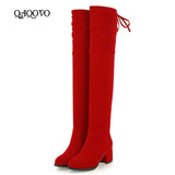 Warm Women Thigh Boots Flock Leather Squae High Heel Over the Knee Boots Slip On Ladies Boots Shoes Black Red Big Size