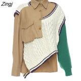 Fashion Women's Jackets New Lapel Irregular Patchwork Knitted Long Sleeve Single Breasted Coat Autumn 2023 Tide