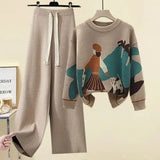 Winter 2 Piece Sets Womens Outfits Office Ladies Oversized Knitted Swerter And Wide Leg Pants Suits Knitting Two Piece