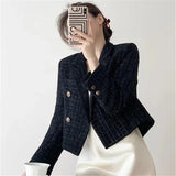 Vintage Black Blazers Women Elegant Short Jacket Korean Autumn Winter Tweed Cropped Suit Coat Tops Retro Casual