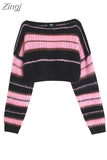 Korean Style Pink Cropped Sweater Women Striped Jumper Vintage Female 2023 Autumn Long Sleeve Crewneck Pullovers Tops