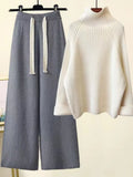 Winter Warm Knitted Suit Women Long Sleeve Half Turtleneck Knitting Sweater And Wide Leg Pants Sets Outer Wear Loose