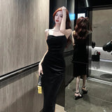 Wedding Party Black Sleeveless Midi Dresses for Women 2023 Autumn New Sexy Fashion Slim Evening Velvet Female