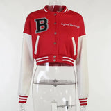 Patchwork Crop Jacket Women B Letter Print Jackets Varsity Ladies Autumn Winter Casual Oversized Fashion Baseball Coat