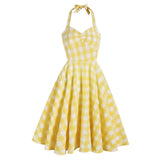 England Style Yellow Plaid Halter Women Party Dress Backless Retro Vintage 50s 60s Short Pin Up Swing Rockabilly