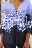 Floral Print Summer Blouse Women Elegant Simple Shirt V Neck Button 3/4 Length Sleeve Casual Holiday Basic Tops