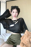 Out Y2K Long Sleeve Sweater Solid Knitted Sueter Mujer Women Short Loose Pullovers Fashion Elegant Crop Tops Pull