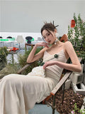 High Fashion Backless Long Summer Dress Women 2022 Beige Tunics V Neck Gauze Floral Patch Slip Spaghetti Strap