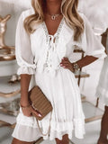 Beach Dress Women Solid Mini Dress Female V Neck Lace-up Loose Casual Dress Ladies Patchwork Half Sleeve Ruffles