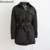 plaid Quilted Jacket Women Loose Thin Puffer Parkas Coat Vintage Belted Outwear Autumn Winter Ladies Oversize