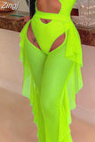 Sexy Women High Waist See Through Flared Leg Mesh Pants Bikini Cover Ups Ruffles Hollow Out Beach Long Pants