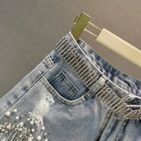 Spring Summer New Elegant Shorts Lady Tassel Beading High Waist Wide Leg Denim Shorts Female Casual Solid