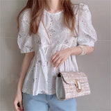 Vintage Embroidery Hollow Out Blouse Women Lace Flower Short Puff Sleeve Blusas White Shirts Summer Tops All Match