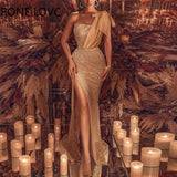 Women Elegant Diagonal Shoulder Feather Hollow Out Sequins High Silt Maxi Bodycon Sexy Formal Party