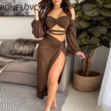 Women Solid Strapless Hollow out High Silt Lace up Long Sleeves Sexy Party