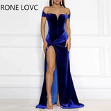 Women Solid Elegant Small V neck High silt Maxi Sexy Formal Party Blue