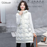 Solid Hooded Women's Winter Vest Long Style Thick Female Sleeveless Waistcoat Cotton Padded Vest Jacket With