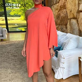 Women One Shoulder Ruffles Scallop Trim Irregular Dress Elegant Fashion Chic