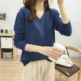 Autumn Basic Solid V-neck Knitting Pullover Ladies Elegant Fashion All-match Sweater Female Loose Casual Jumper Top
