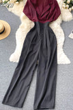 Lady Notched Collar Patchwork Romper Women Elegant Short Sleeve High Waist Wide Leg Playsuits Female Summer OL