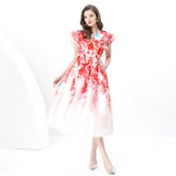 Style V Tie With Belt Mesh Yarn Leaves Side Splicing Large Swing Printing Long Dress 2025