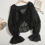 Ruffles Chiffon Sun Protection Shirt Women Solid Lace Up Flare Sleeve Sunscreen Blouses Cardigan Loose Casual Thin