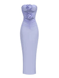 Blue Strapless 3D Flower Ruched Maxi Dress- Outfit