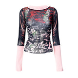 Women's Summer Y2K Vintage Sheer See-through Slim Tops Long Sleeve Round Neck Pattern Print Mesh Patchwork