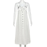 White Lace Buttoned Halter Midi Dress- Outfit