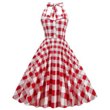 Halter Cocktail Party Dress England Style Summer Casual Swing Plaid Printed Hepburn Pin Up Office Rockabilly