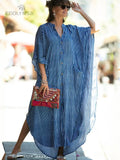 Causal Striped V-neck Button Front Open Summer Beach Dress Blue Tunic Women Plus Size Clothes Maxi Dresses