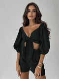 Woman 2 Pieces Summer New Solid Color Ladies Cotton Linen Cardigan Plus Shorts Suit Fashionable Sexy Street Women's