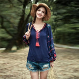 Queens Women Tassel Bohemian Floral Embroidery Beach Cotton Blouse Shirt Long Sleeve Loose Boho Shirts