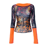 Women's Summer Y2K Vintage Sheer See-through Slim Tops Long Sleeve Round Neck Pattern Print Mesh Patchwork