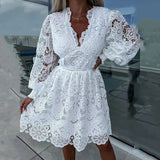 Hollow Out Long Sleeved Waist Office Dress New Spring Lace Patchwork Dress Chic Women O-neck Pearl Button Solid Mini