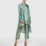 Office Asymmetrical Suits Retro Pattern Printed Two-piece Sets Female Lapel Button Hem Shirt with Straight Pants