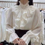 Spring Ruffle Stitching Palace Blouse Women Long Flare Sleeve Buttons Ruched Loose Top New Stand Collar Chiffon Shirt
