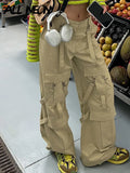 Streetwear 90s Belted Big Pockets Trim Oversized Cargo Pants Y2K Fashion Low Waist Wide-Leg Full Length Khaki