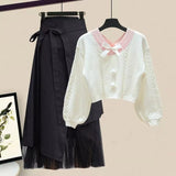 Women Winter Patchwork Long Sleeve Knitted Tops + Asymmetric Skirt 2 Piece Suit Female Party Elegant Two Piece