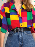 Rainbow Checkered Button Down Blouse- Outfit