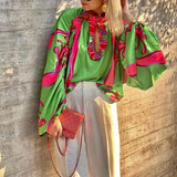 Pattern Printed Long Sleeved Bohemian Top Women O-neck Beach Hollow Out Blouses Spring Loose Temperament Shirt