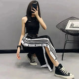 Y2K Striped Joggers Sweatpants Women Button Slit Baggy Wide Leg Pants Streetwear Elastic High Waist Loose Casual