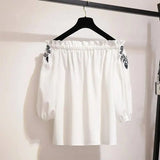 retro women's dress two-piece Korean version of the white rose embroidery Tshirt black high waist slim irregular