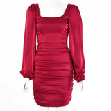 Satin Women Mini Dress Solid Lantern Long Sleeve Square Collar Ruched Bodycon Sexy Dresses Party Autumn Club