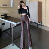 Autumn Winter Vintage Casual High Waist Trousers Streetwear PU Leather Flare Pants Women Pants Fashion Elegant Slim